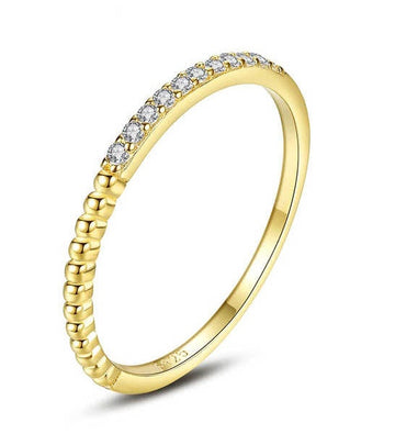 Inel Subtire Din Argint 925 Placat Aur 14K, Model Fin Cu Pietre Zirconiu, Verigheta Delicata Pentru Femei 0.8g