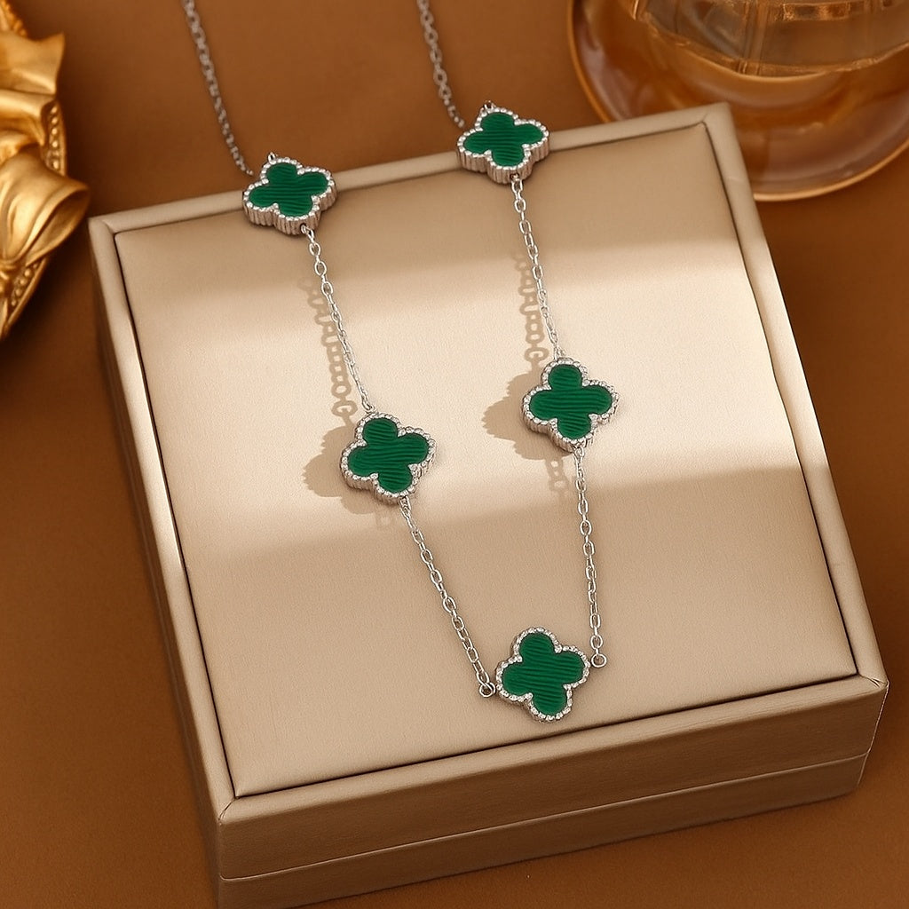 Lănțișor Argint 925 cu Pandantiv Trifoi Verde Malachit– Simbol Norocos 5.5g
