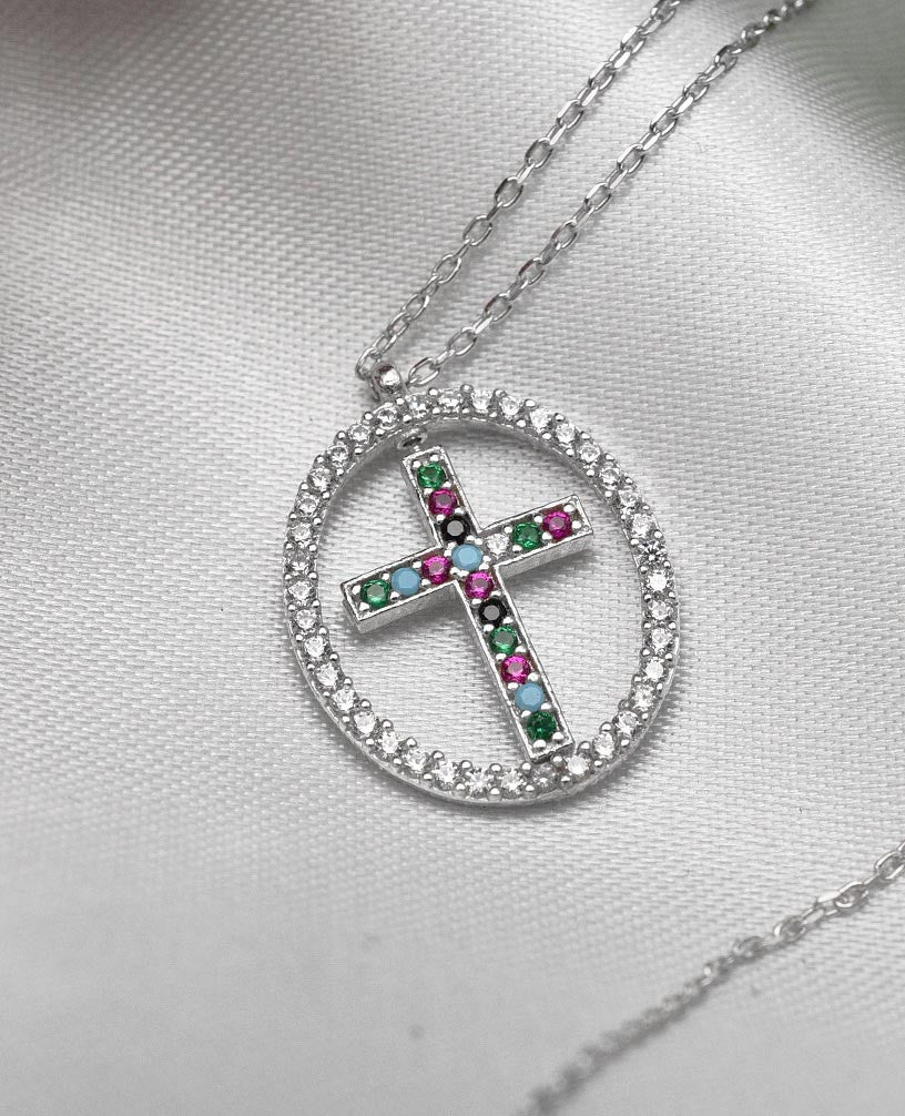 Lantisor Din Argint 925 Model Oval si Cruciulita Multicolor 3g