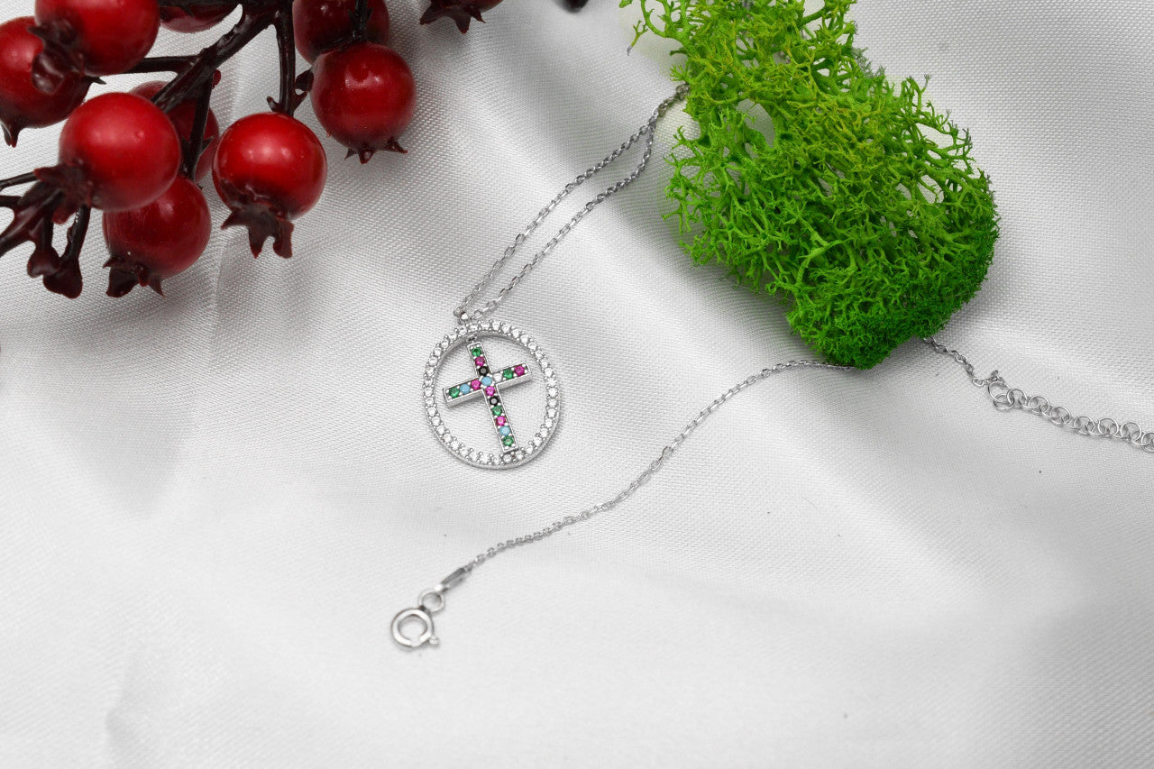 Lantisor Din Argint 925 Model Oval si Cruciulita Multicolor 3g