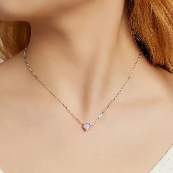 Lantisor Din Argint 925 Cu Opal Model Inima, strălucitor, pandantiv, colier, pentru femei, bijuterii, cadou 2.3g