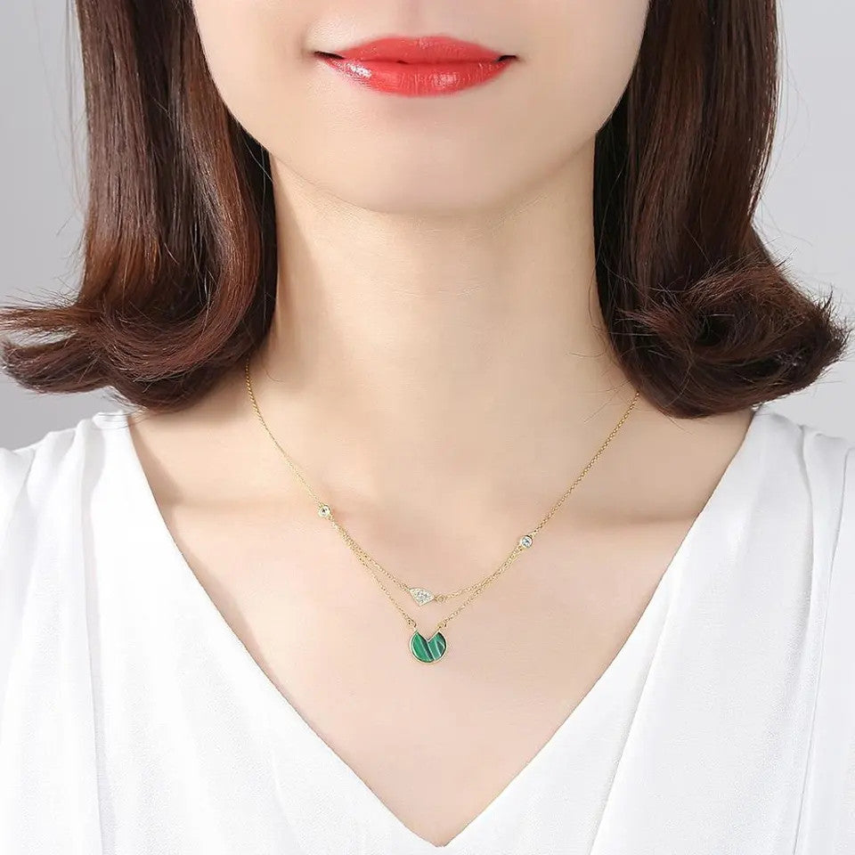 Lantisor Din Argint 925 Piatra Malachite Placat Aur FINUT Dublu 2.7g