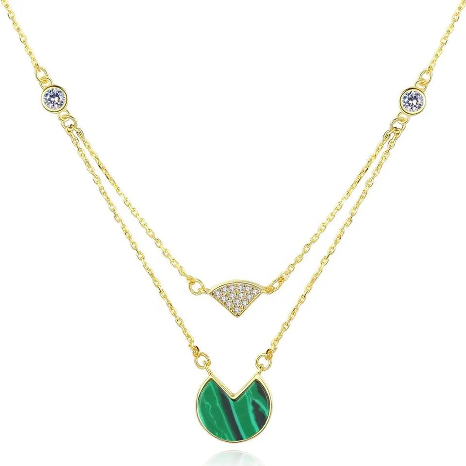 Lantisor Din Argint 925 Piatra Malachite Placat Aur FINUT Dublu 2.7g