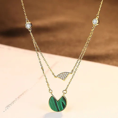 Lantisor Din Argint 925 Piatra Malachite Placat Aur FINUT Dublu 2.7g