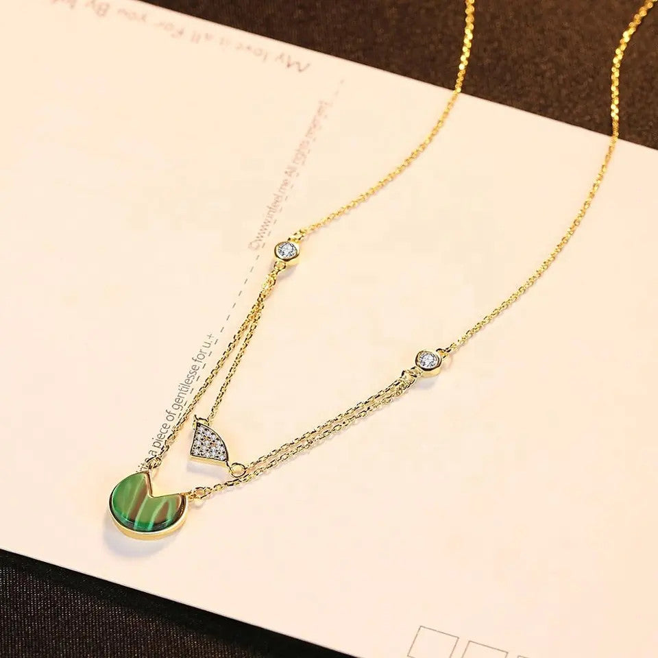Lantisor Din Argint 925 Piatra Malachite Placat Aur FINUT Dublu 2.7g