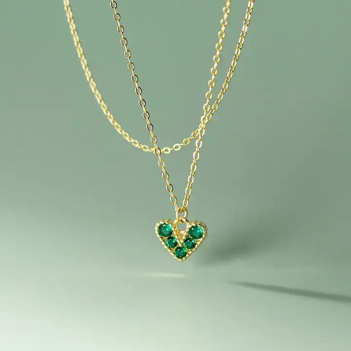 Lantisor Din Argint 925 Piatra Verde Model Inima Romantica - Placat Aur Pentru Femei si Fete 1.68g