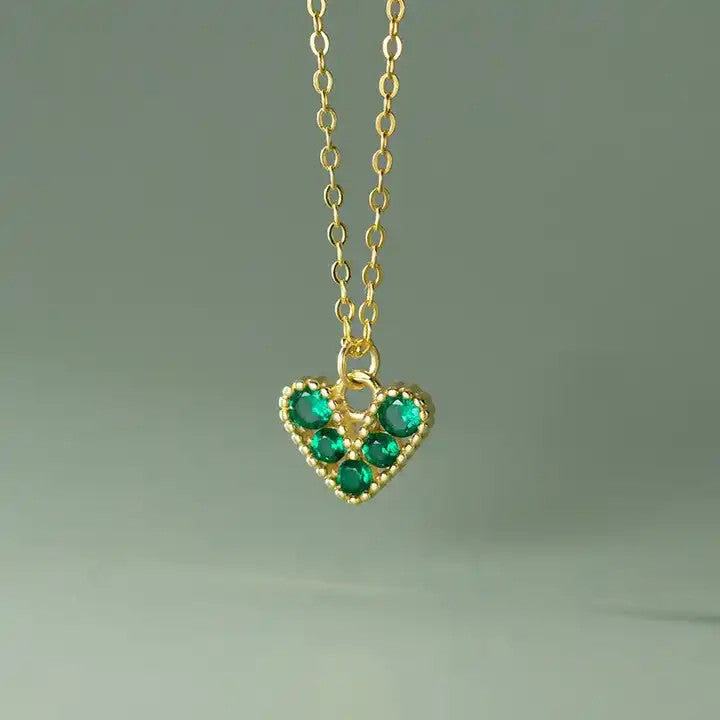 Lantisor Din Argint 925 Piatra Verde Model Inima Romantica - Placat Aur Pentru Femei si Fete 1.68g