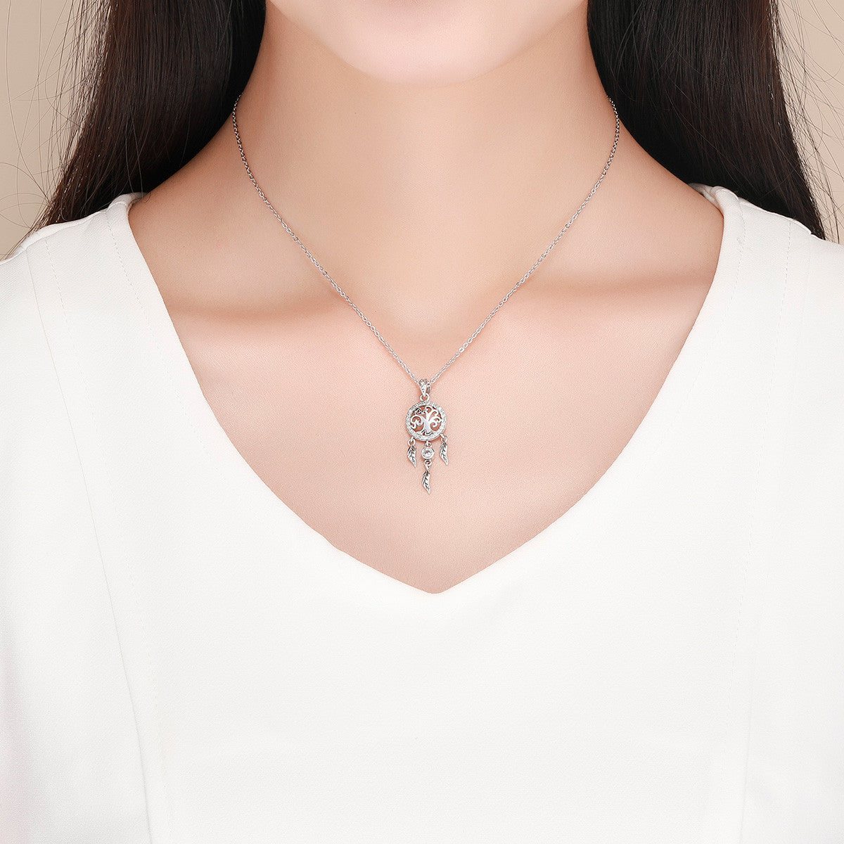 Lantisor Din Argint 925 Reglabil cu Dream Catcher cu Copacul Vietii Model Rotund