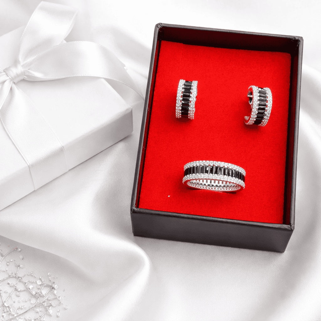 Set Argint 925 Inel si Cercei cu Zirconii Black 5g