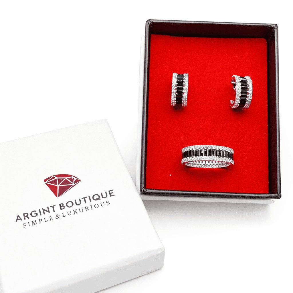 Set Argint 925 Inel si Cercei cu Zirconii Black 5g