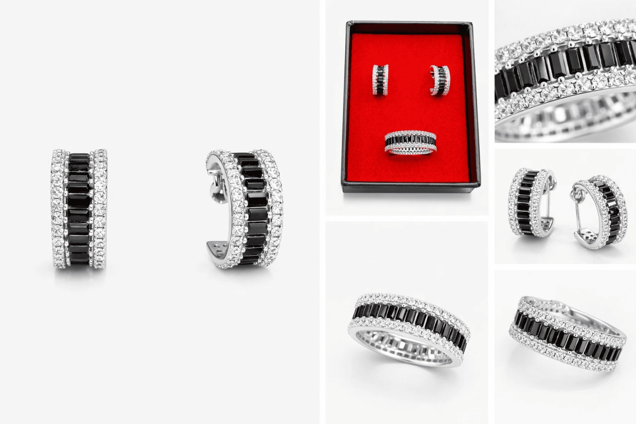 Set Argint 925 Inel si Cercei cu Zirconii Black 5g