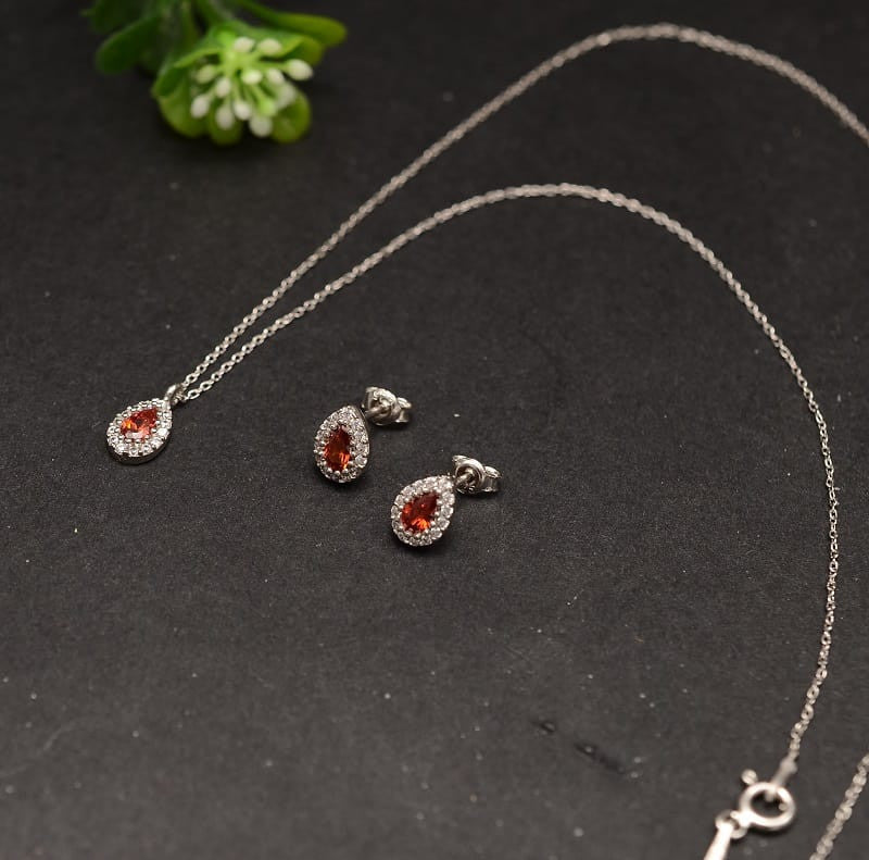 Set Argint 925 Lantisor, Pandativ Si Cercei-RED- Set383C 2.64g