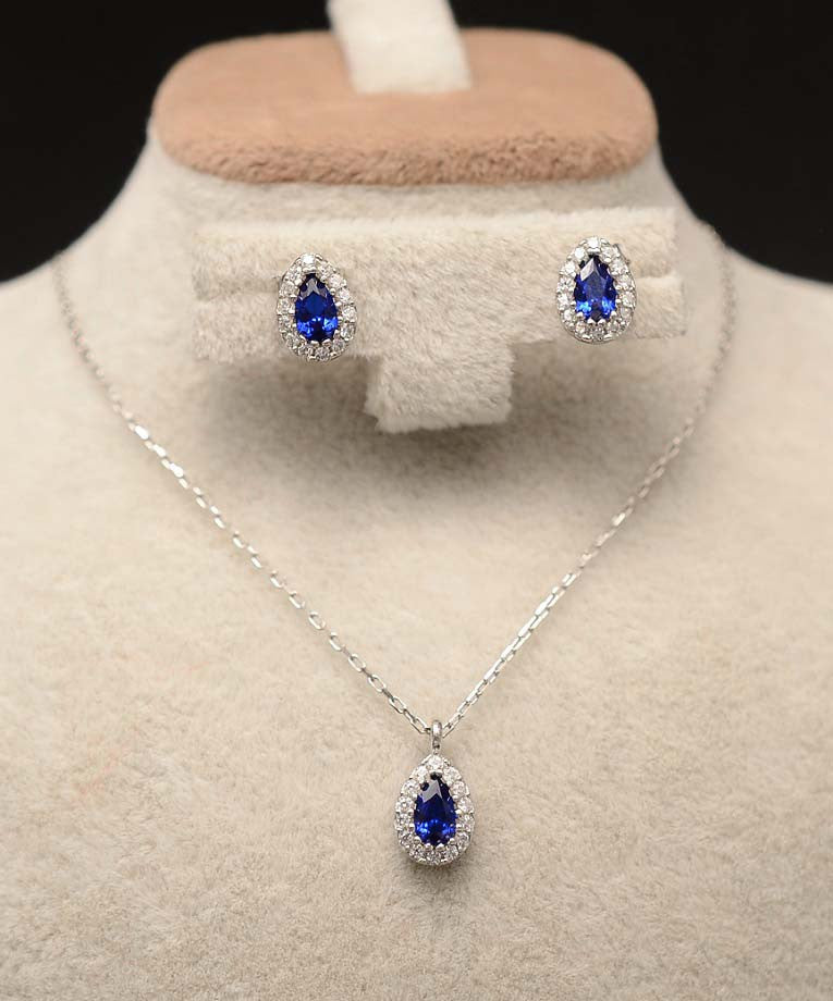 Set Argint 925 Lantisor, Pandativ Si Cercei Rodiat -BLUE SAPPHIRE 2.64g