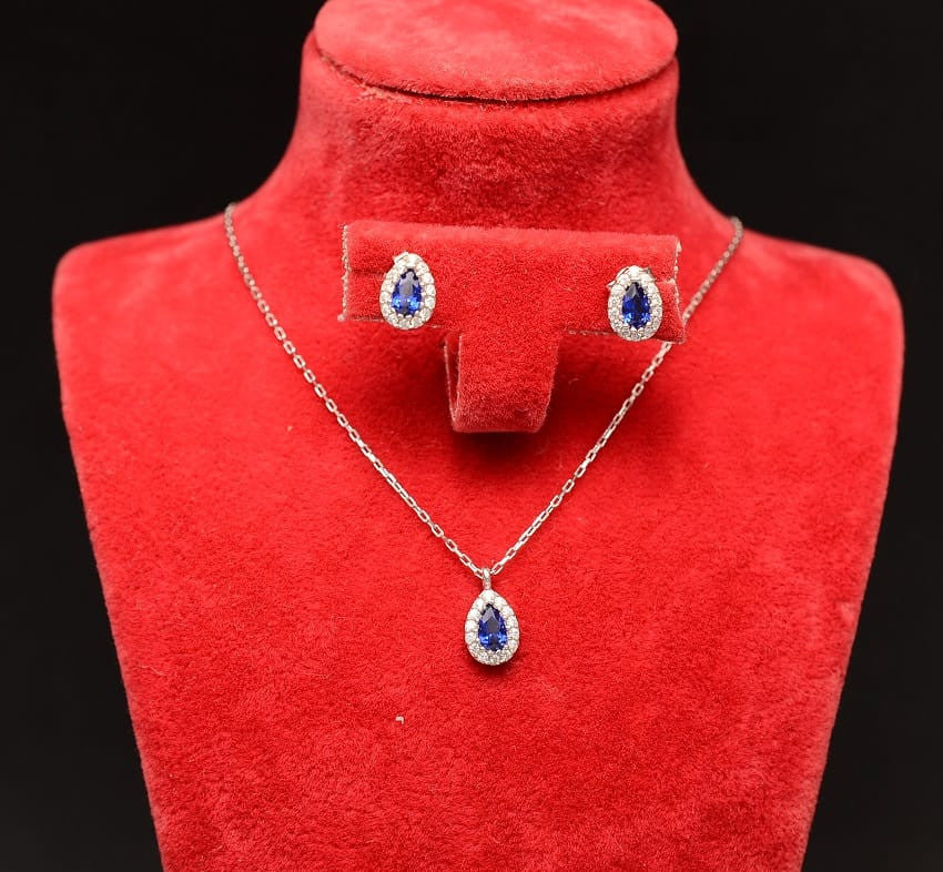 Set Argint 925 Lantisor, Pandativ Si Cercei Rodiat -BLUE SAPPHIRE 2.64g
