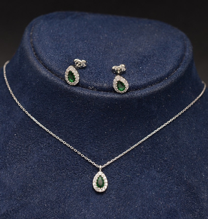 Set Argint 925 Lantisor, Pandativ Si Cercei Rodiat -Green