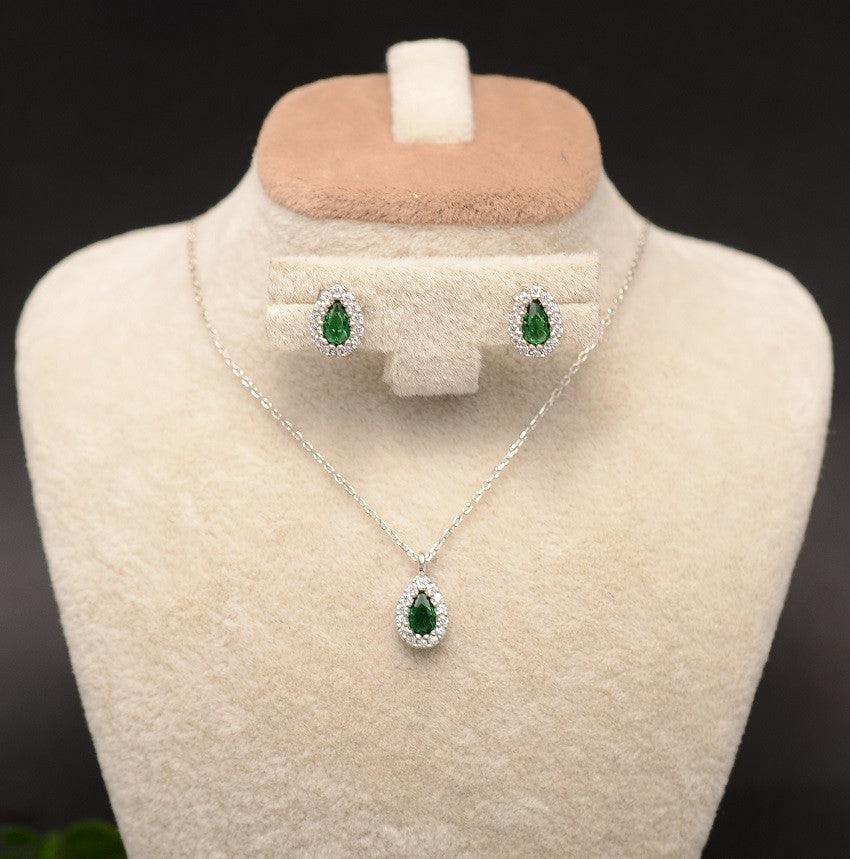 Set Argint 925 Lantisor, Pandativ Si Cercei Rodiat -Green