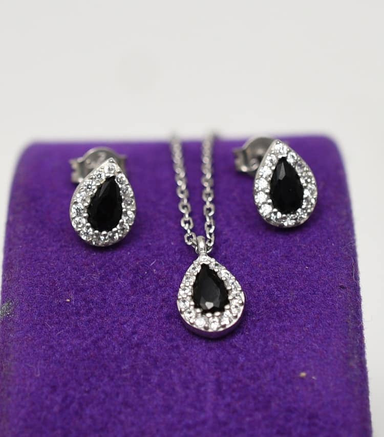 Set Argint 925 Lantisor, Pandativ Si Cercei Rodiat -Negru