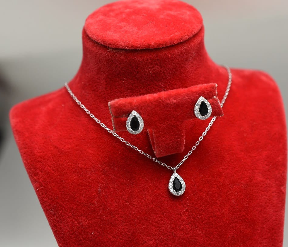 Set Argint 925 Lantisor, Pandativ Si Cercei Rodiat -Negru