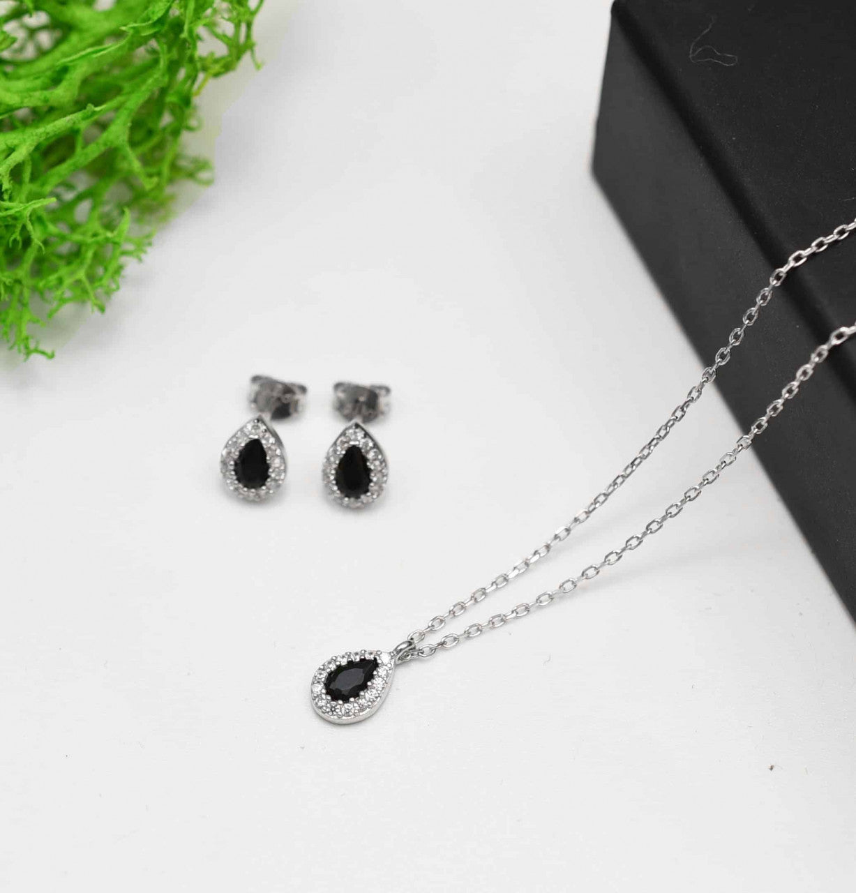 Set Argint 925 Lantisor, Pandativ Si Cercei Rodiat -Negru