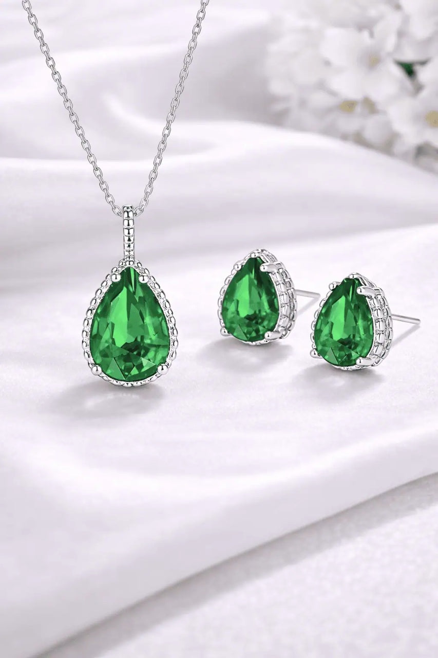 Set Argint 925 Lantisor, Pandativ Si Cercei Rodiat, Verde -Green- Maricel