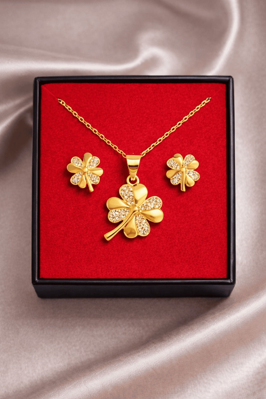 Set Bijuterii Argint 925 Auriu Model Trifoi Cu Patru Foi – Noroc și Eleganță SET 203Y