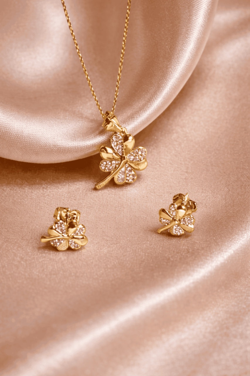 Set Bijuterii Argint 925 Auriu Model Trifoi Cu Patru Foi – Noroc și Eleganță SET 203Y