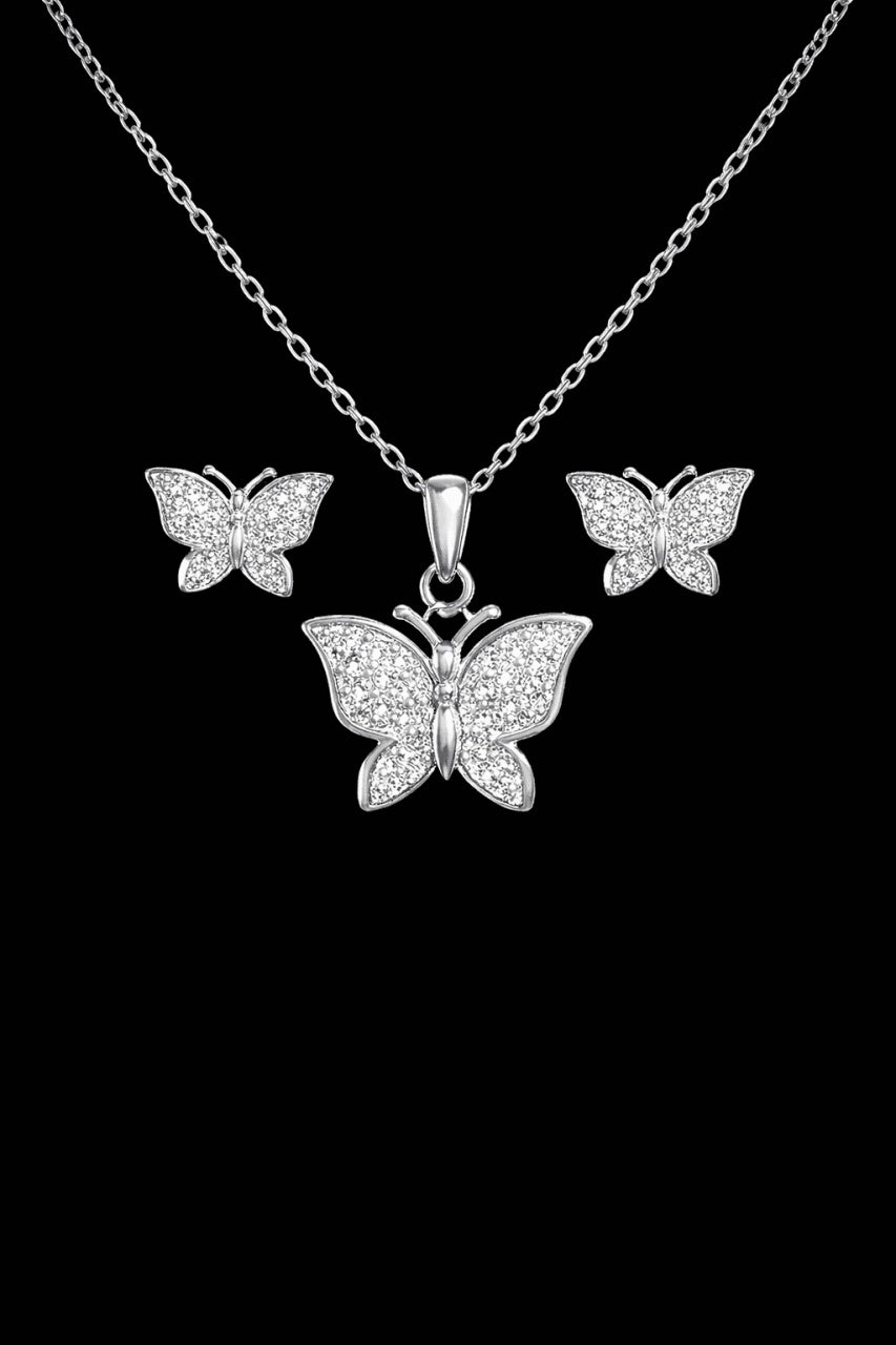 Set Bijuterii Argint 925 Model Fluture, Placat Rodiu, Zirconii Albe SET 202X