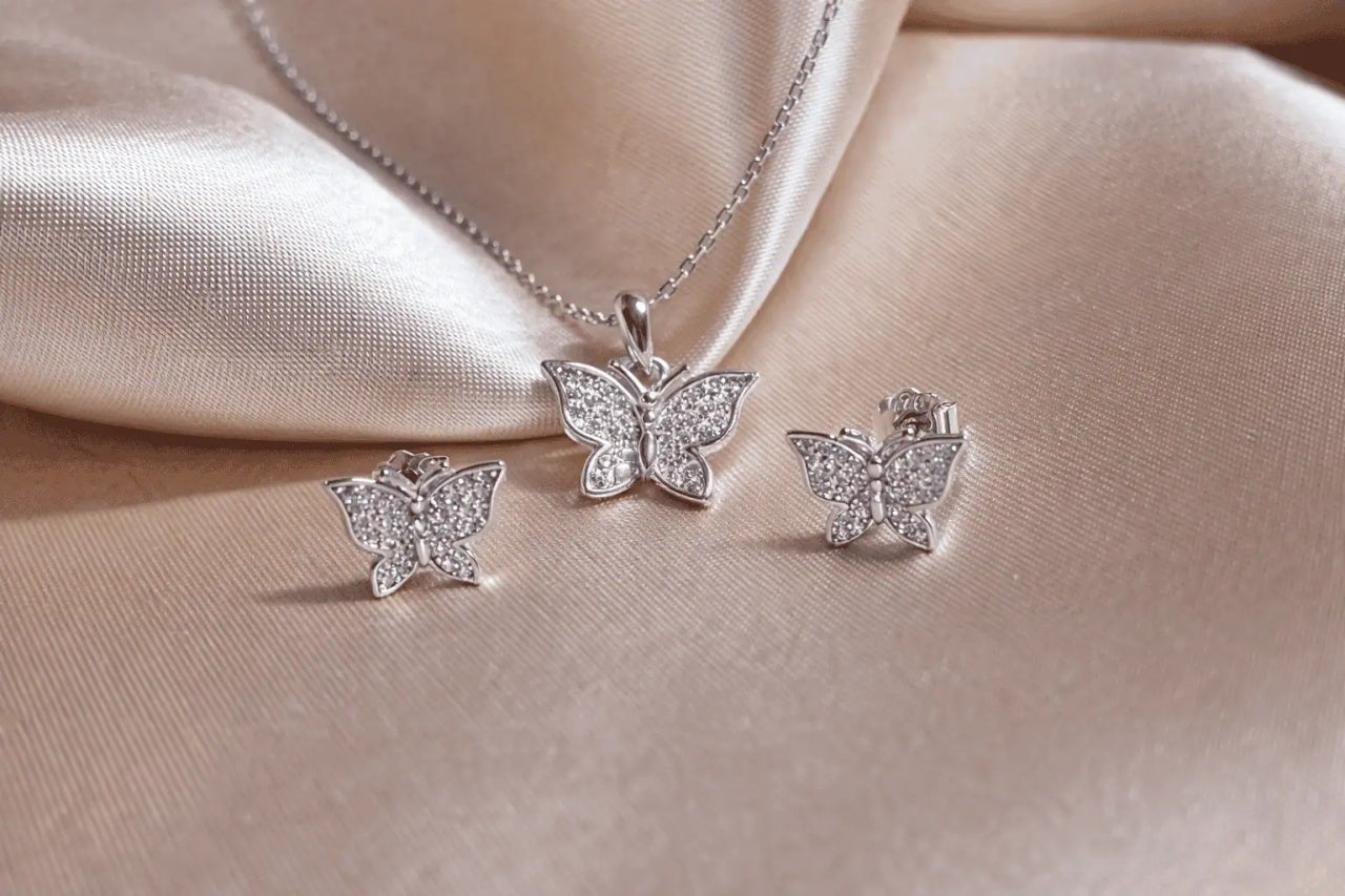 Set Bijuterii Argint 925 Model Fluture, Placat Rodiu, Zirconii Albe SET 202X