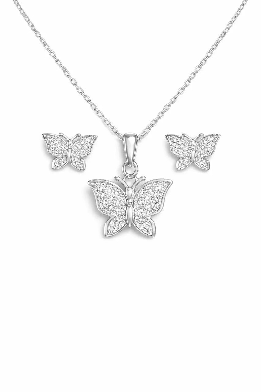 Set Bijuterii Argint 925 Model Fluture, Placat Rodiu, Zirconii Albe SET 202X