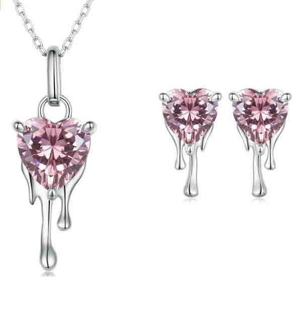 Set Bijuterii Femei Lant Si Cercei Inima Roz Argint 925iu Elegant Zirconiu Piatra Pink Cubic Zircon 4.7g