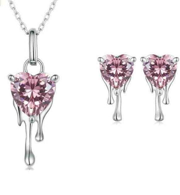 Set Bijuterii Femei Lant Si Cercei Inima Roz Argint 925iu Elegant Zirconiu Piatra Pink Cubic Zircon 4.7g
