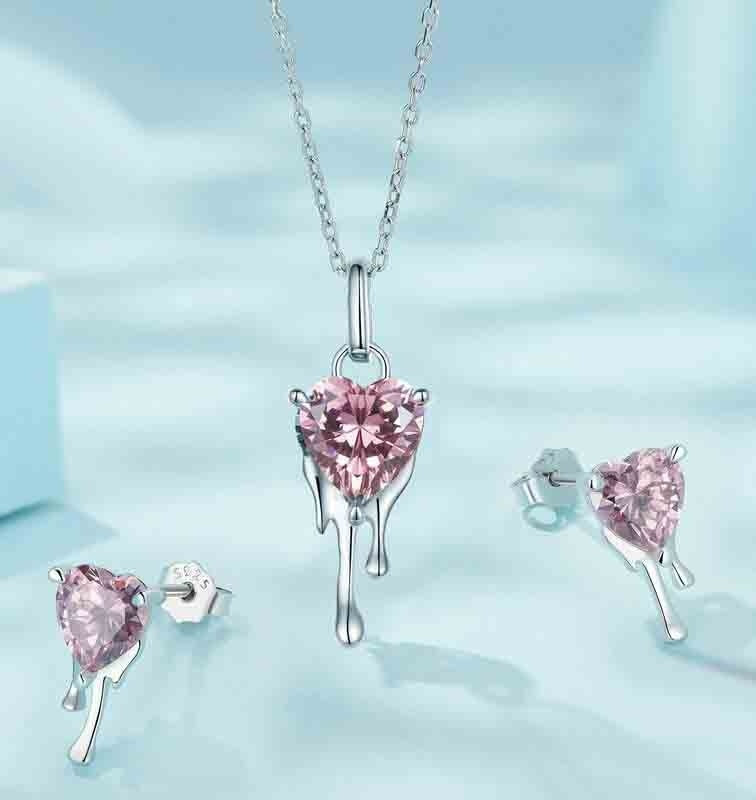 Set Bijuterii Femei Lant Si Cercei Inima Roz Argint 925iu Elegant Zirconiu Piatra Pink Cubic Zircon 4.7g