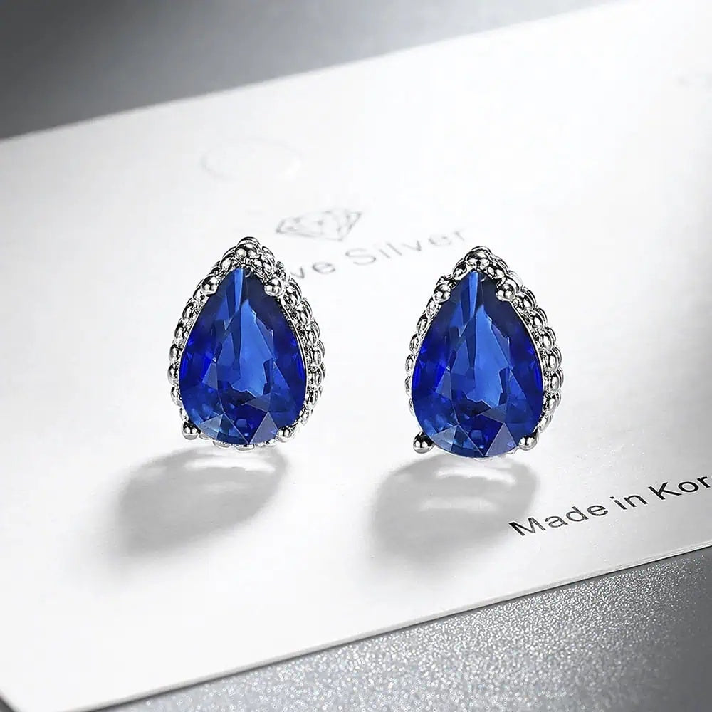 Set Bijuterii Femei Lant Si Cercei Piatra Albastru Inchis, Forma Lacrima, Argint 925iu Zirconiu Cubic Zircon 5.7g