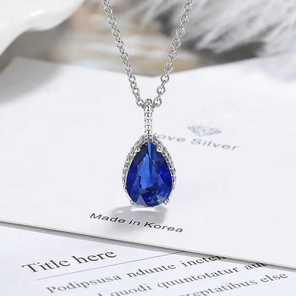 Set Bijuterii Femei Lant Si Cercei Piatra Albastru Inchis, Forma Lacrima, Argint 925iu Zirconiu Cubic Zircon 5.7g