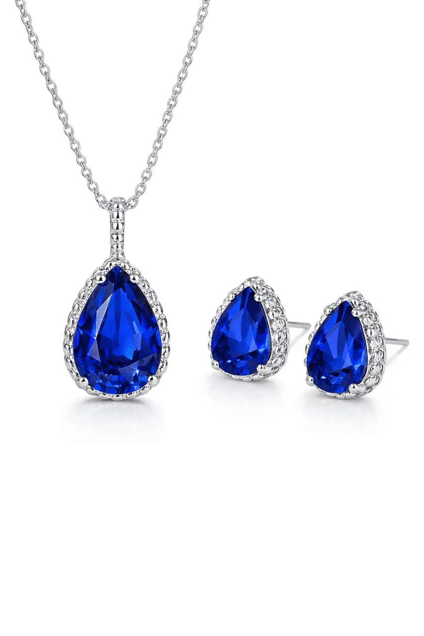 Set Bijuterii Femei Lant Si Cercei Piatra Albastru Inchis, Forma Lacrima, Argint 925iu Zirconiu Cubic Zircon 5.7g