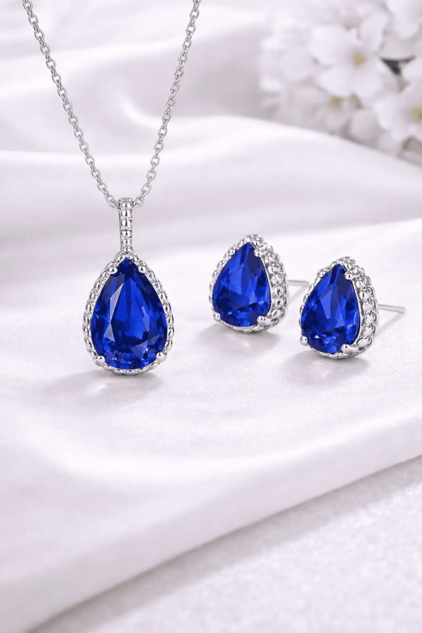 Set Bijuterii Femei Lant Si Cercei Piatra Albastru Inchis, Forma Lacrima, Argint 925iu Zirconiu Cubic Zircon 5.7g