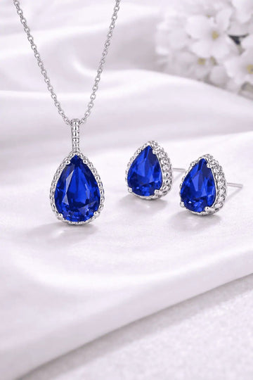 Set Bijuterii Femei Lant Si Cercei Piatra Albastru Inchis, Forma Lacrima, Argint 925iu Zirconiu Cubic Zircon 5.7g