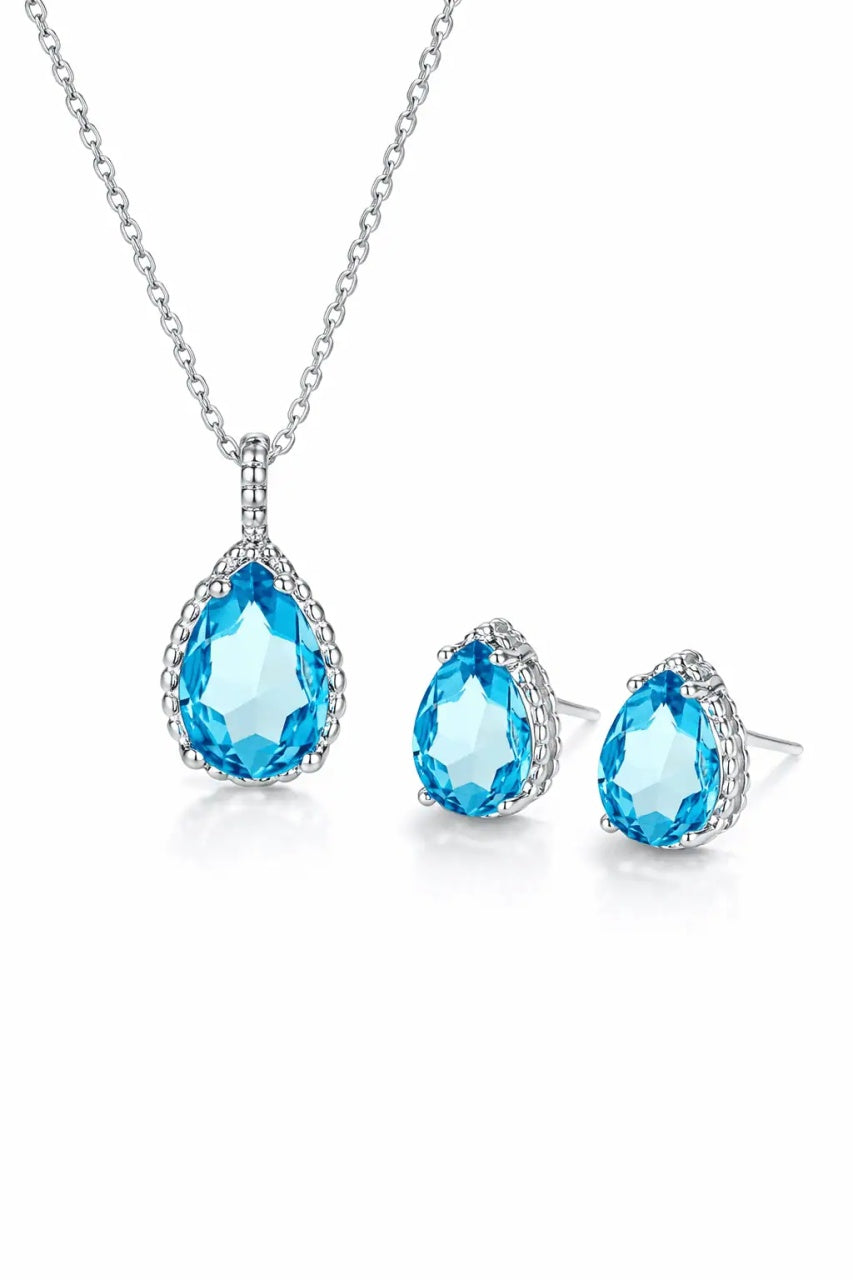 Set Bijuterii Femei Lant Si Cercei Piatra Albastru Turcoaz, Forma Lacrima, Argint 925iu Zirconiu Cubic Zircon 5.7g