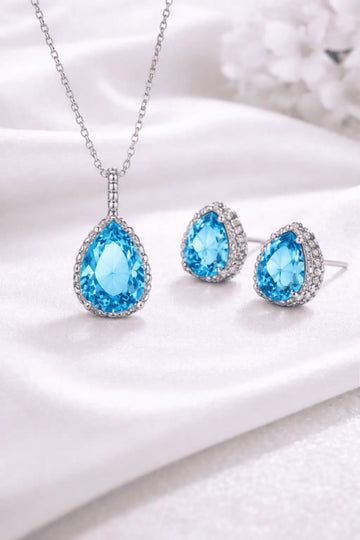 Set Bijuterii Femei Lant Si Cercei Piatra Albastru Turcoaz, Forma Lacrima, Argint 925iu Zirconiu Cubic Zircon 5.7g