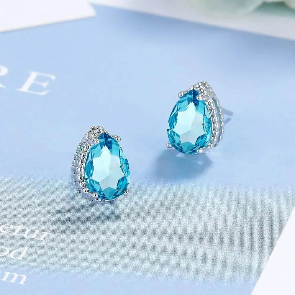 Set Bijuterii Femei Lant Si Cercei Piatra Albastru Turcoaz, Forma Lacrima, Argint 925iu Zirconiu Cubic Zircon 5.7g