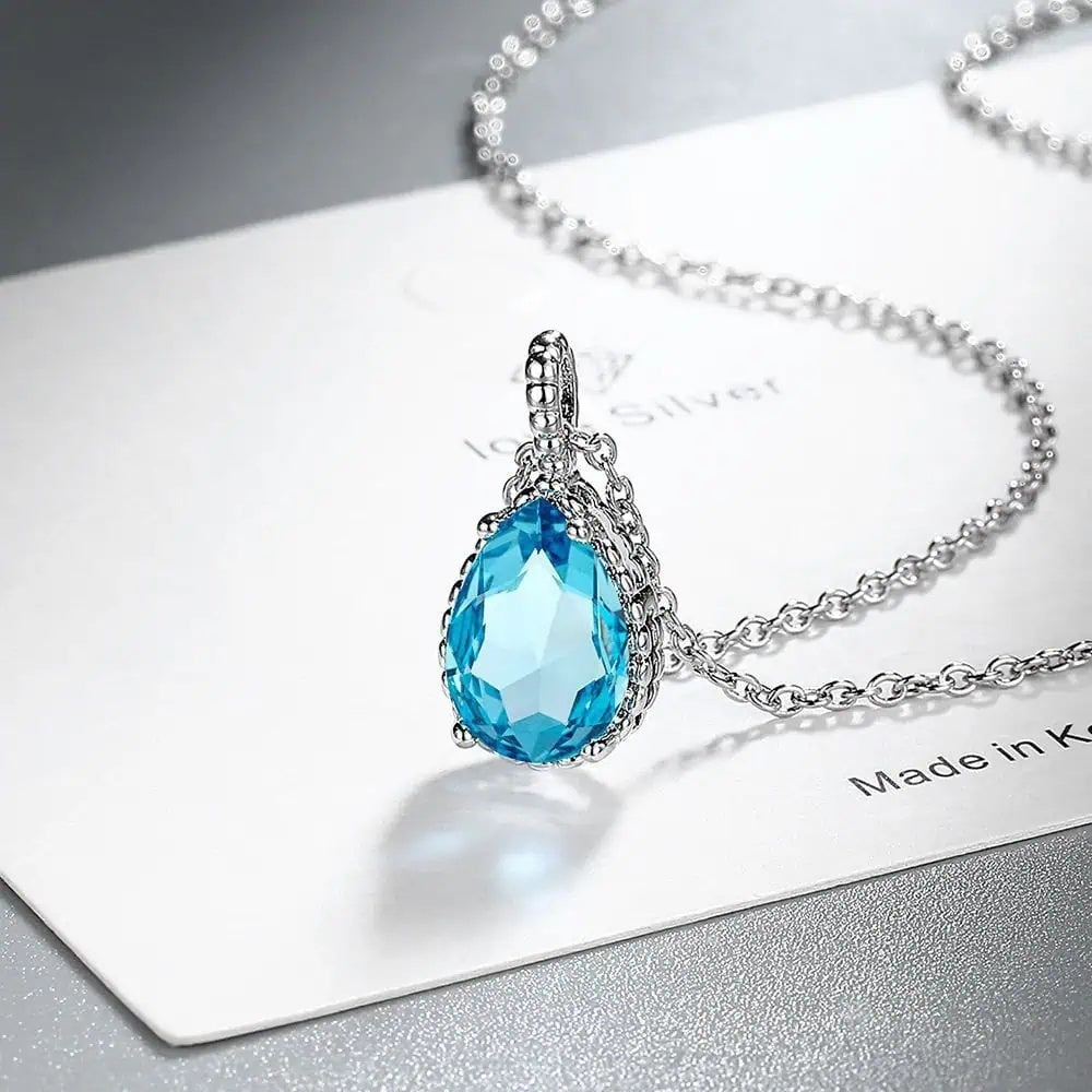 Set Bijuterii Femei Lant Si Cercei Piatra Albastru Turcoaz, Forma Lacrima, Argint 925iu Zirconiu Cubic Zircon 5.7g