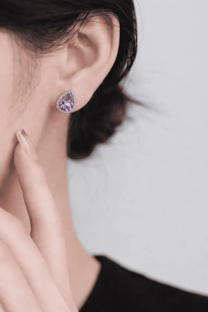 Set Bijuterii Femei Lant Si Cercei Piatra Mov, Forma Lacrima, Argint 925iu Zirconiu Cubic Zircon 5.7g