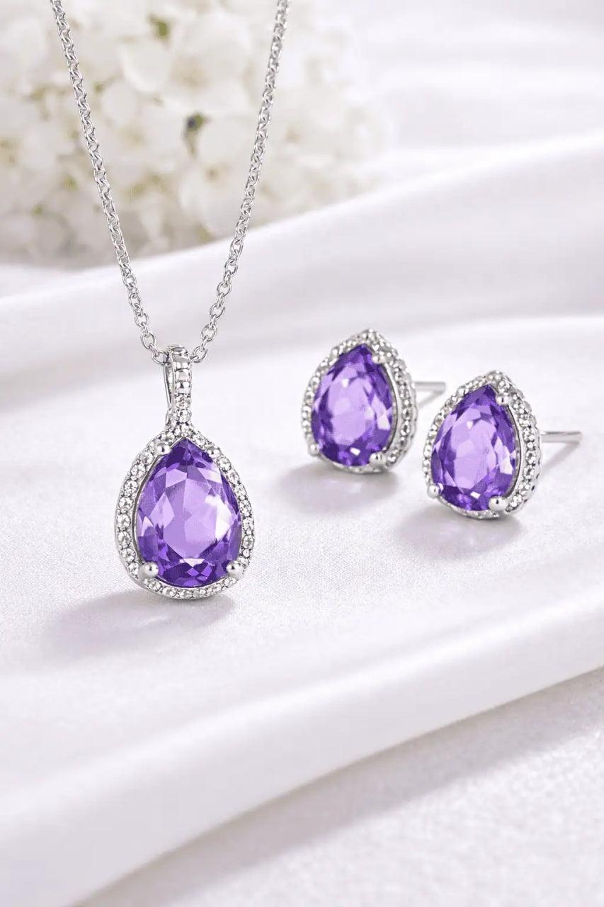 Set Bijuterii Femei Lant Si Cercei Piatra Mov, Forma Lacrima, Argint 925iu Zirconiu Cubic Zircon 5.7g