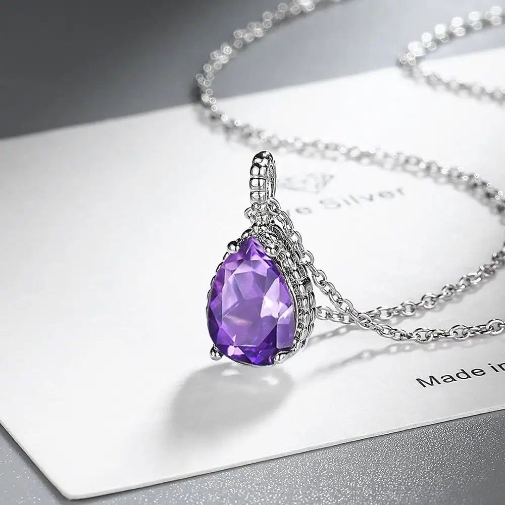 Set Bijuterii Femei Lant Si Cercei Piatra Mov, Forma Lacrima, Argint 925iu Zirconiu Cubic Zircon 5.7g