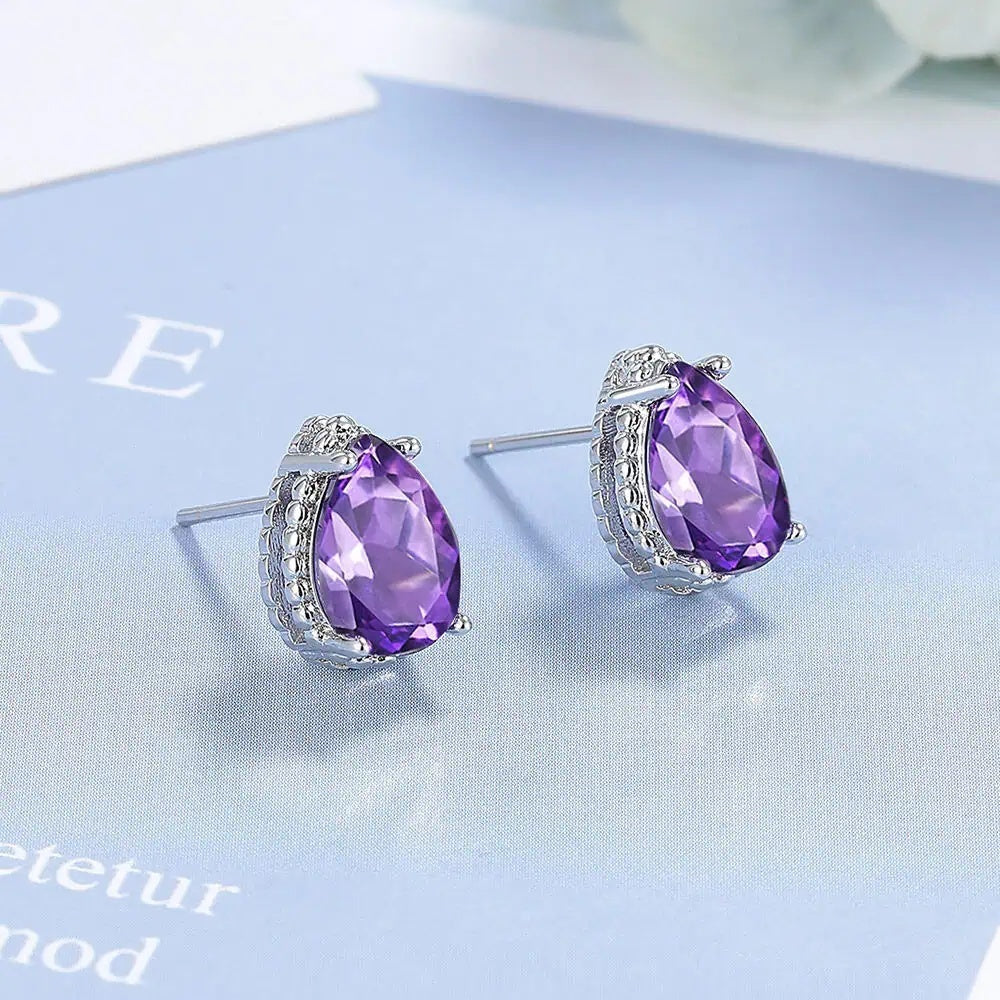 Set Bijuterii Femei Lant Si Cercei Piatra Mov, Forma Lacrima, Argint 925iu Zirconiu Cubic Zircon 5.7g