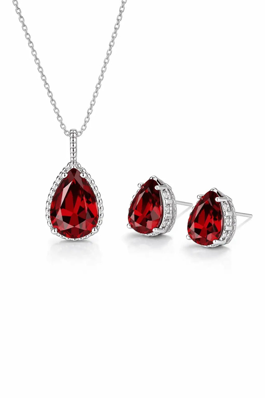 Set Bijuterii Femei Lant Si Cercei Piatra Rosu Red, Forma Lacrima, Argint 925iu Zirconiu Cubic Zircon 5.7g