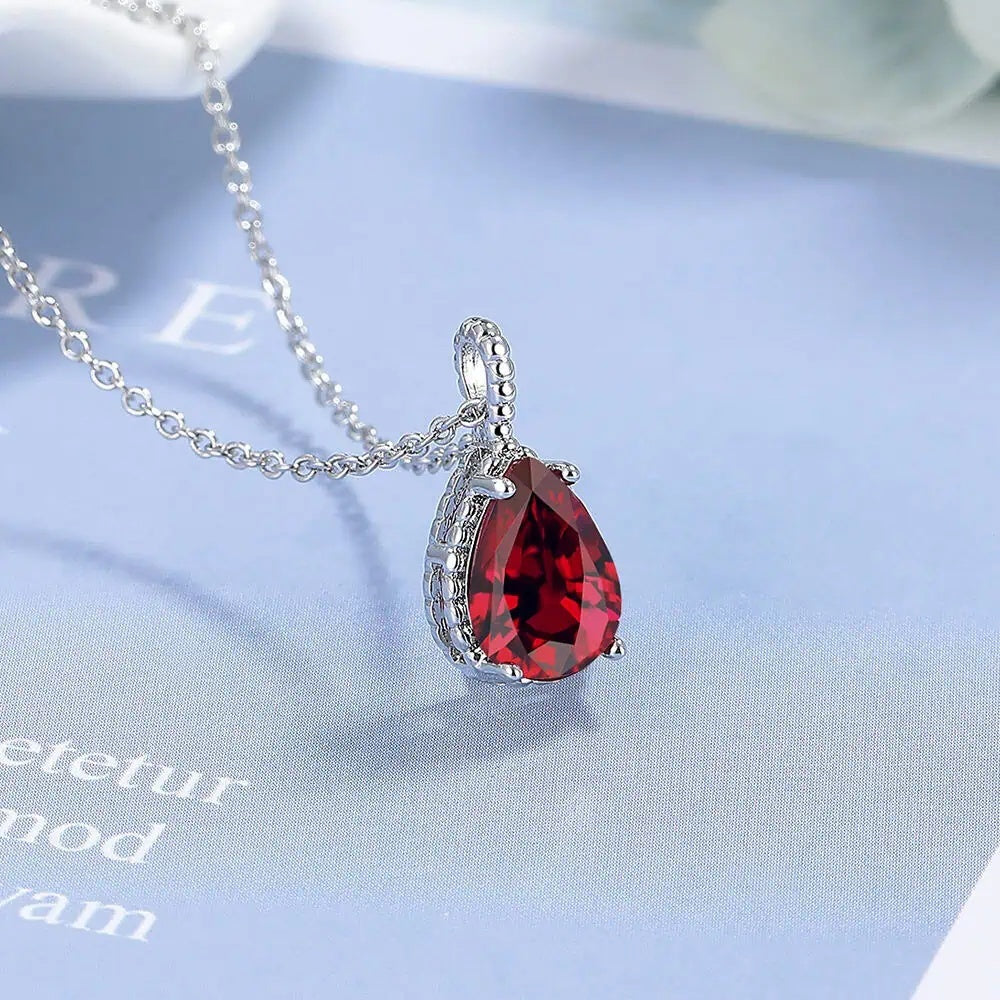 Set Bijuterii Femei Lant Si Cercei Piatra Rosu Red, Forma Lacrima, Argint 925iu Zirconiu Cubic Zircon 5.7g