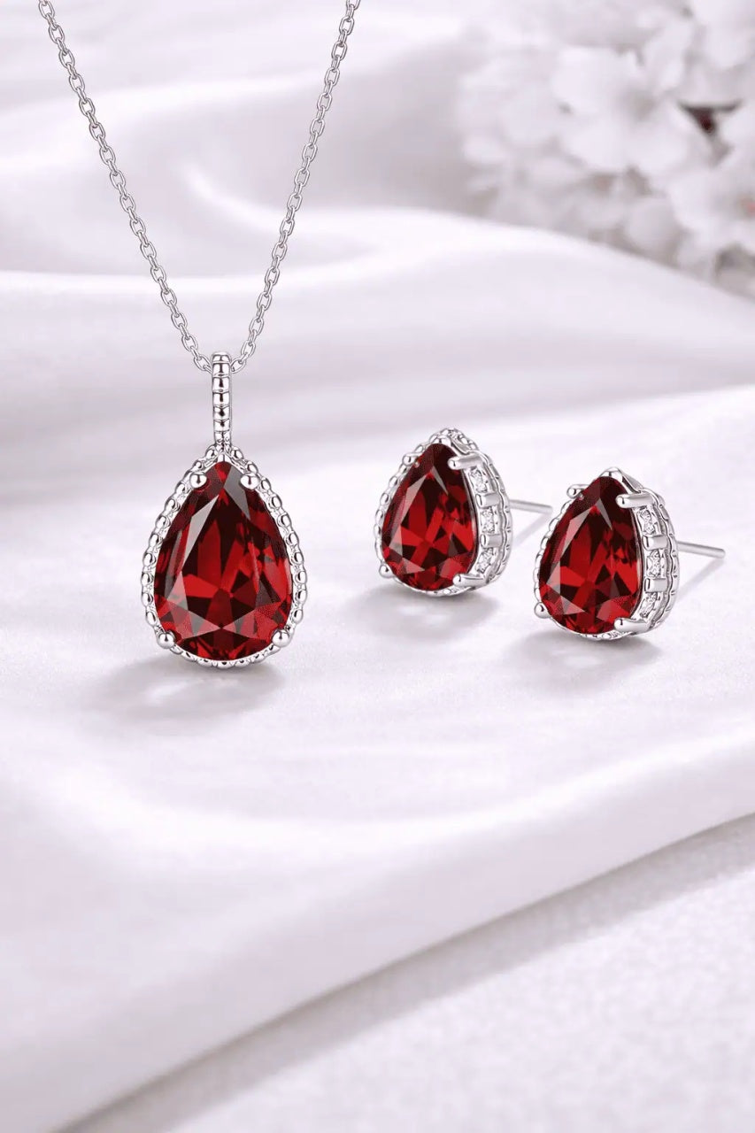 Set Bijuterii Femei Lant Si Cercei Piatra Rosu Red, Forma Lacrima, Argint 925iu Zirconiu Cubic Zircon 5.7g