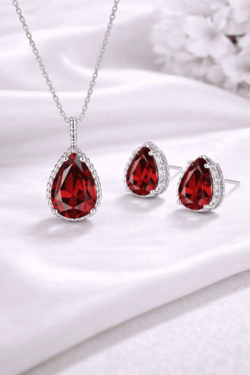 Set Bijuterii Femei Lant Si Cercei Piatra Rosu Red, Forma Lacrima, Argint 925iu Zirconiu Cubic Zircon 5.7g
