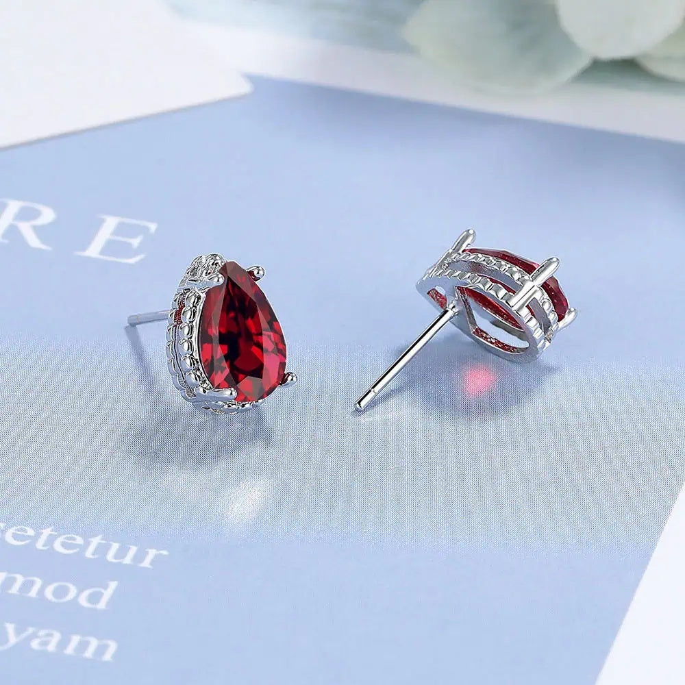 Set Bijuterii Femei Lant Si Cercei Piatra Rosu Red, Forma Lacrima, Argint 925iu Zirconiu Cubic Zircon 5.7g